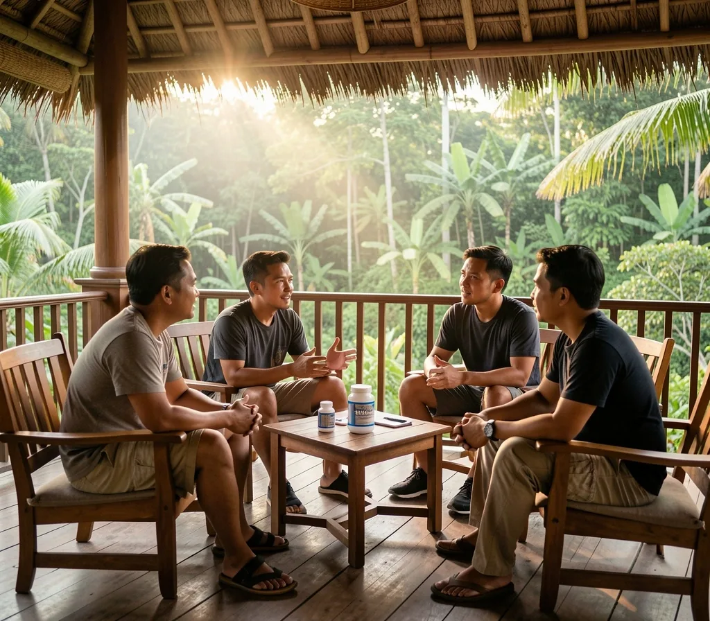 Men in a community gathering on a Bali terrace