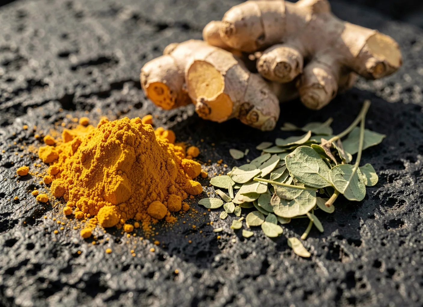 Natural supplement ingredients on a dark surface