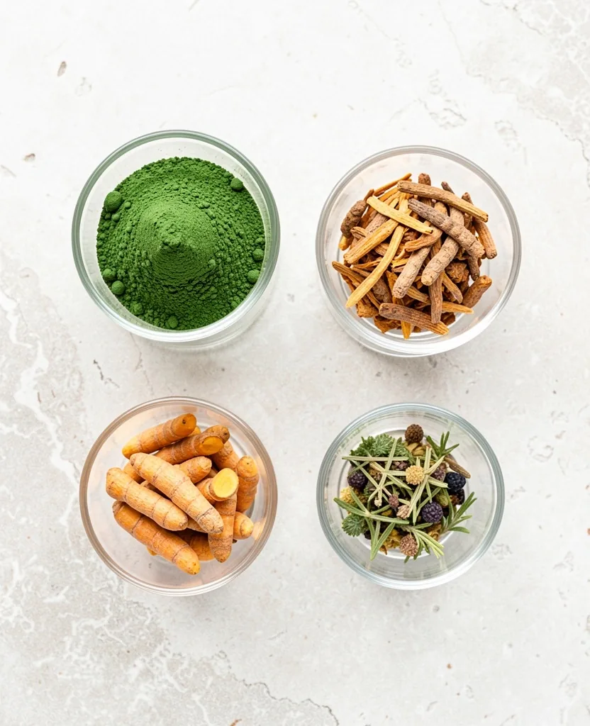 Sourced natural ingredients on a workbench