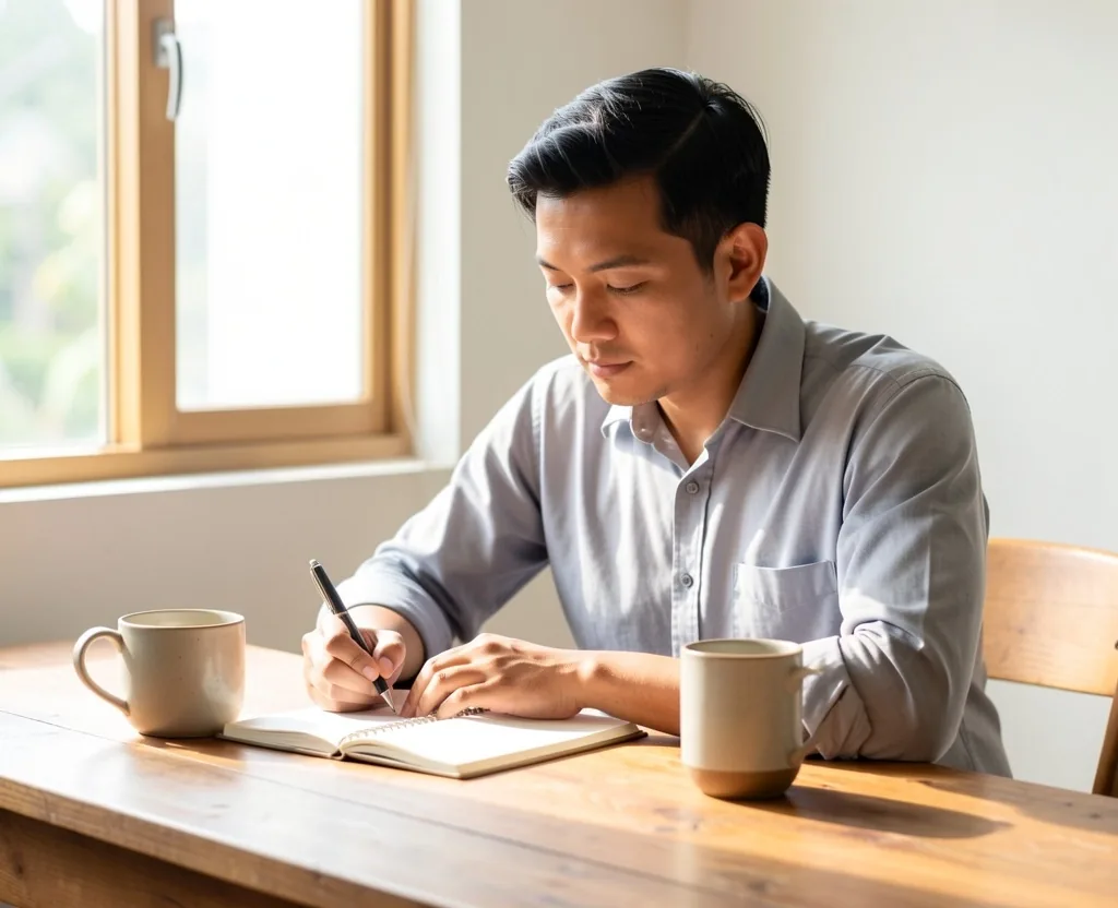A man journaling at his desk in soft morning light