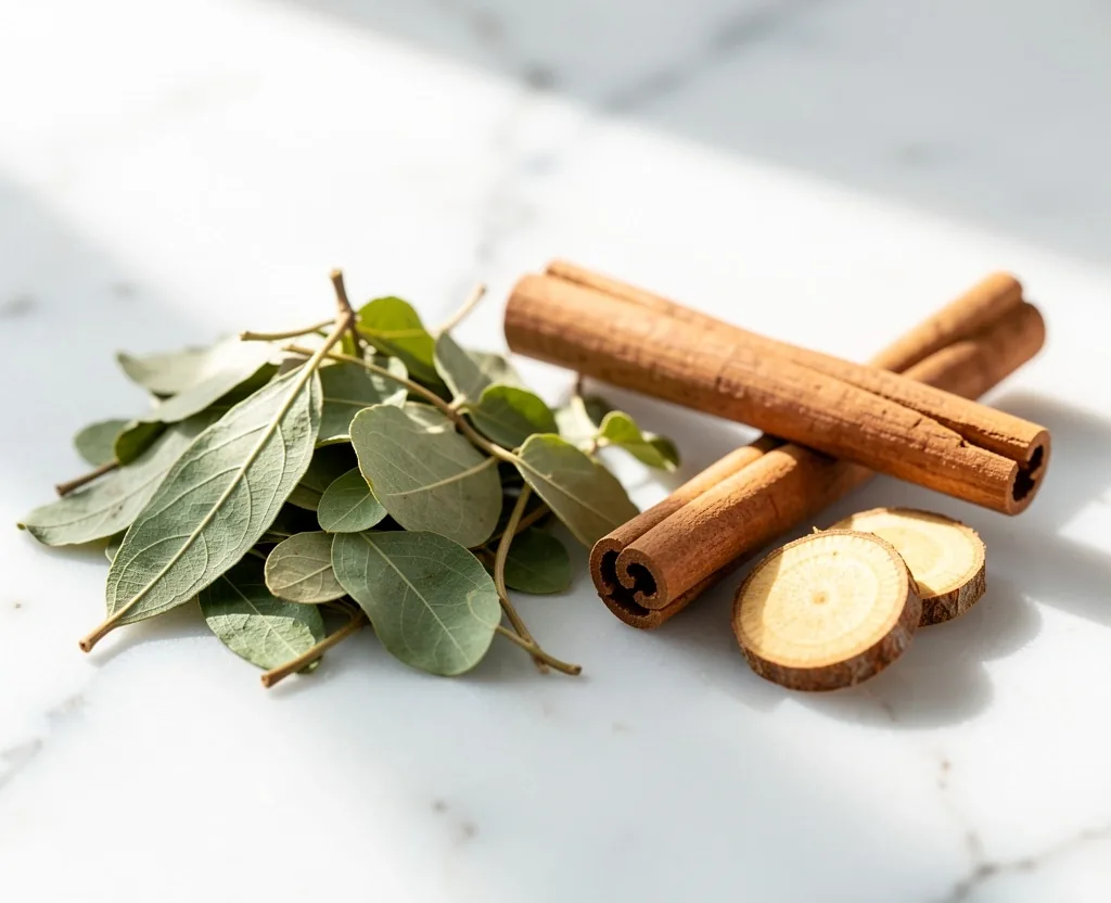 Dried botanical ingredients arranged on a pale stone surface