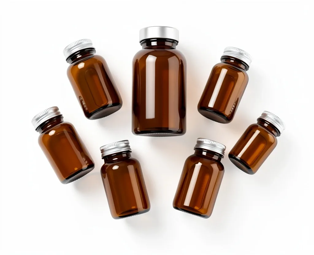 Multiple supplement containers arranged neatly on a white surface