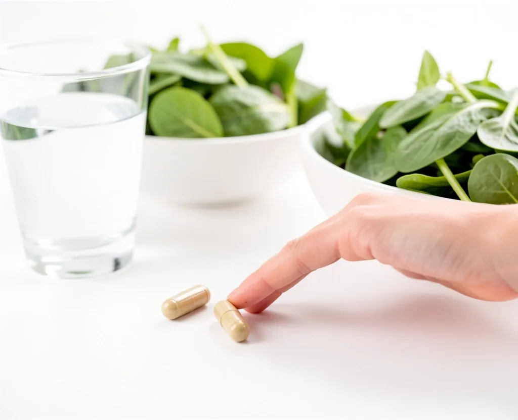 Natural supplement capsules placed beside a glass of water on a clean surface