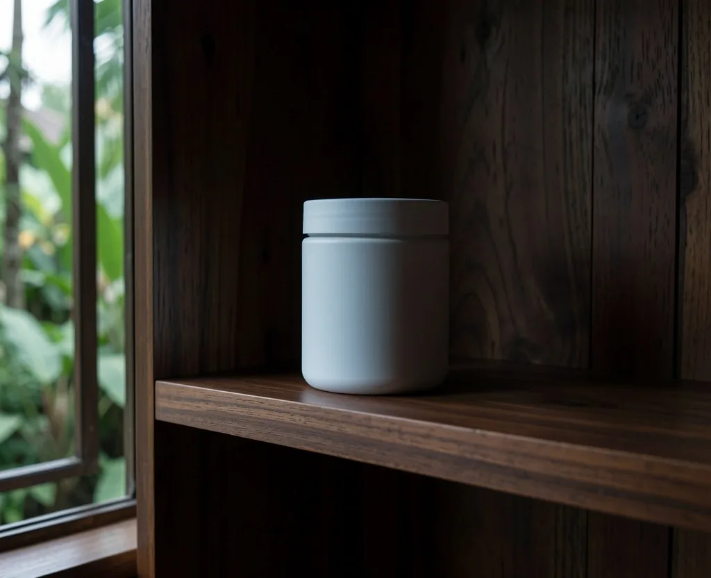 Supplement jar stored on a shelf in a cool dry indoor setting