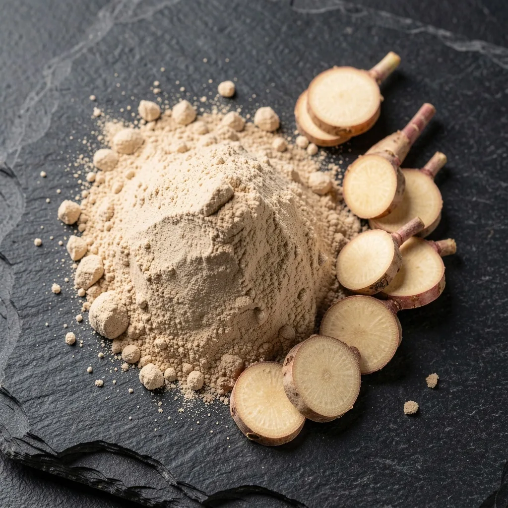 Ashwagandha powder and rhodiola root on stone