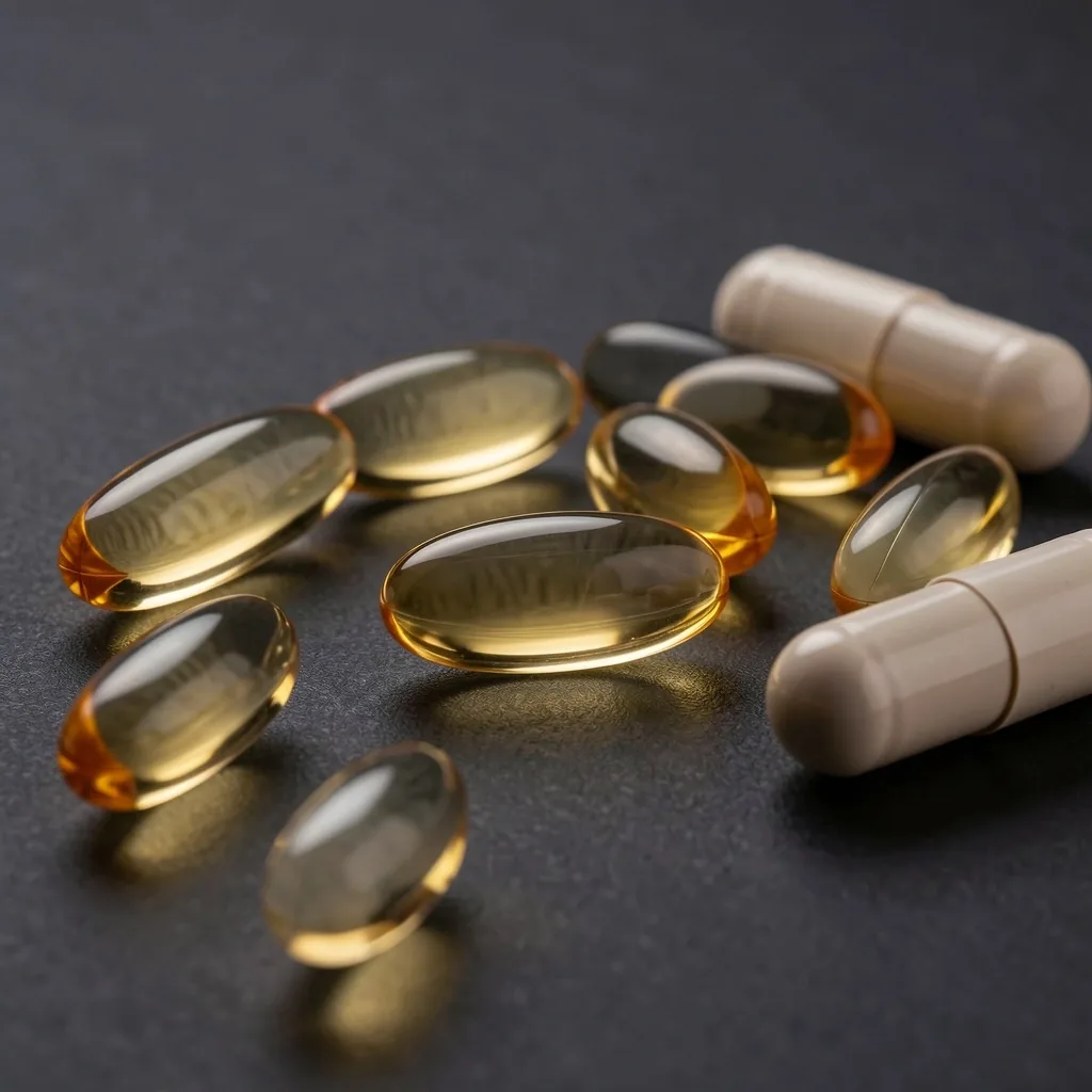 CoQ10 and B-vitamin capsules on dark surface