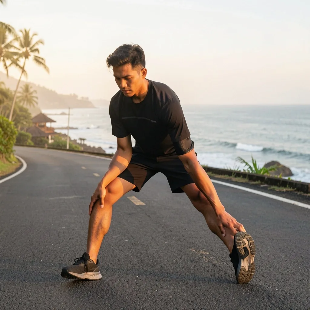Man stretching after morning run on Bali coastal road