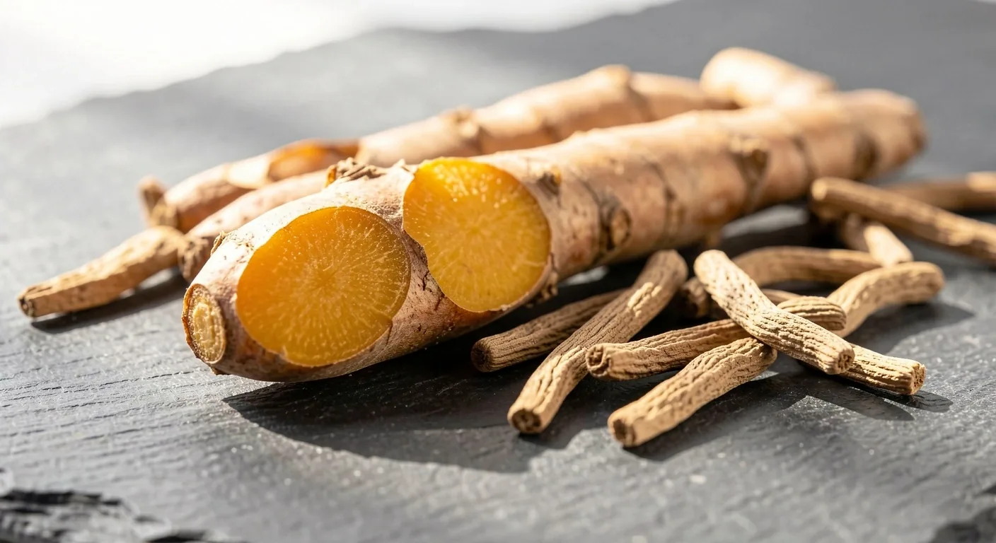 Natural energy supplement ingredients: turmeric and ashwagandha roots