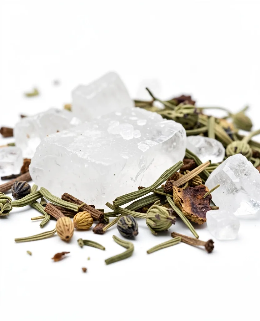 Mineral crystals and botanical herbs macro shot