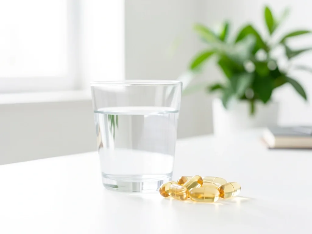 Calm desk scene with water and natural supplement capsules