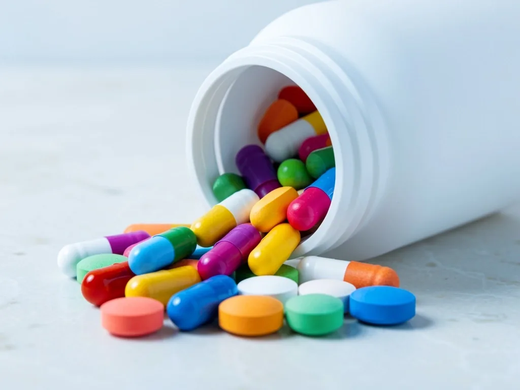Daily multi-nutrient vitamin capsules on stone surface