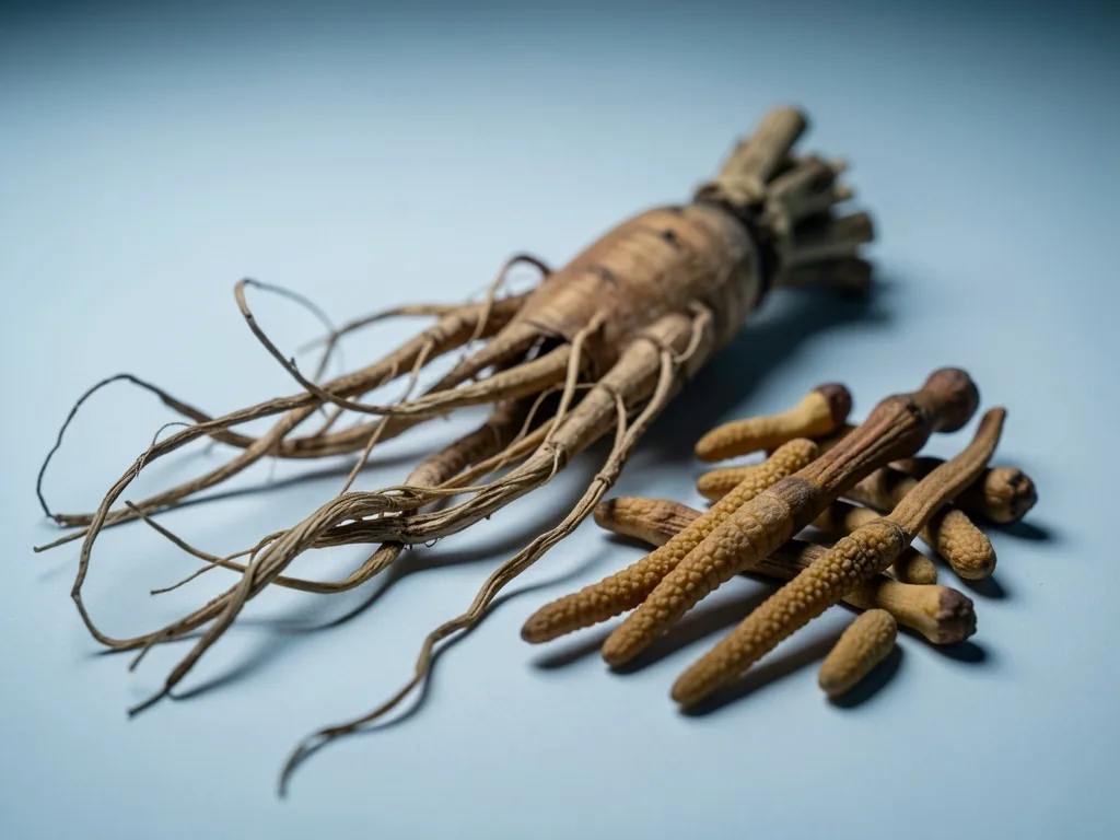 Panax ginseng root and cordyceps mushroom botanical photography