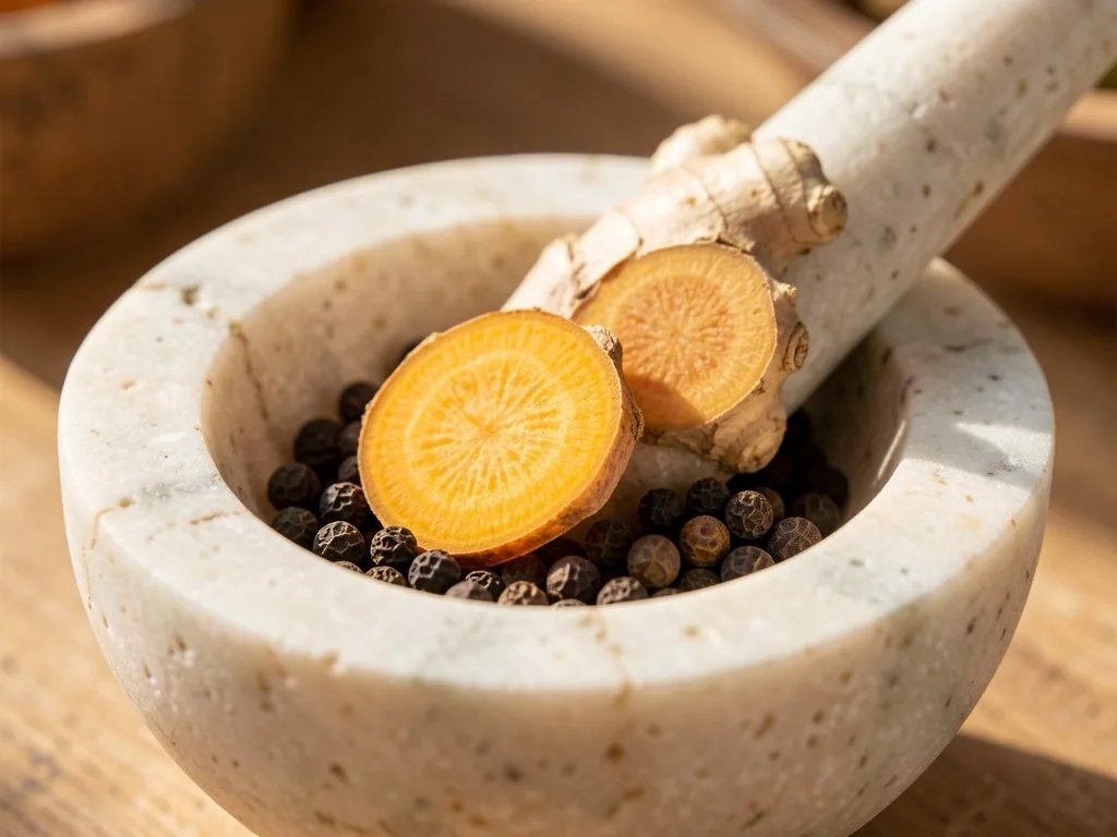 Traditional Indonesian herbal ingredients on stone mortar