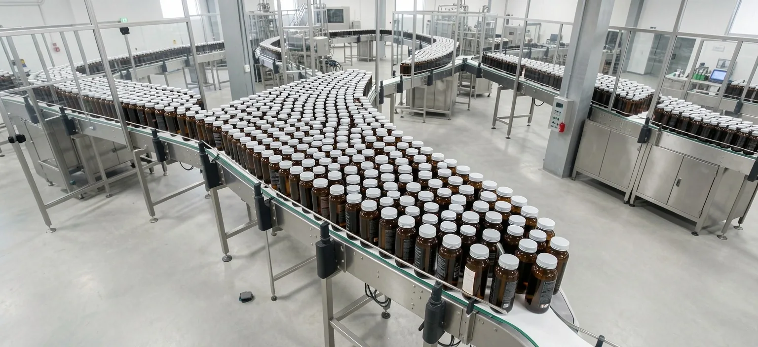Finished supplement bottles in production