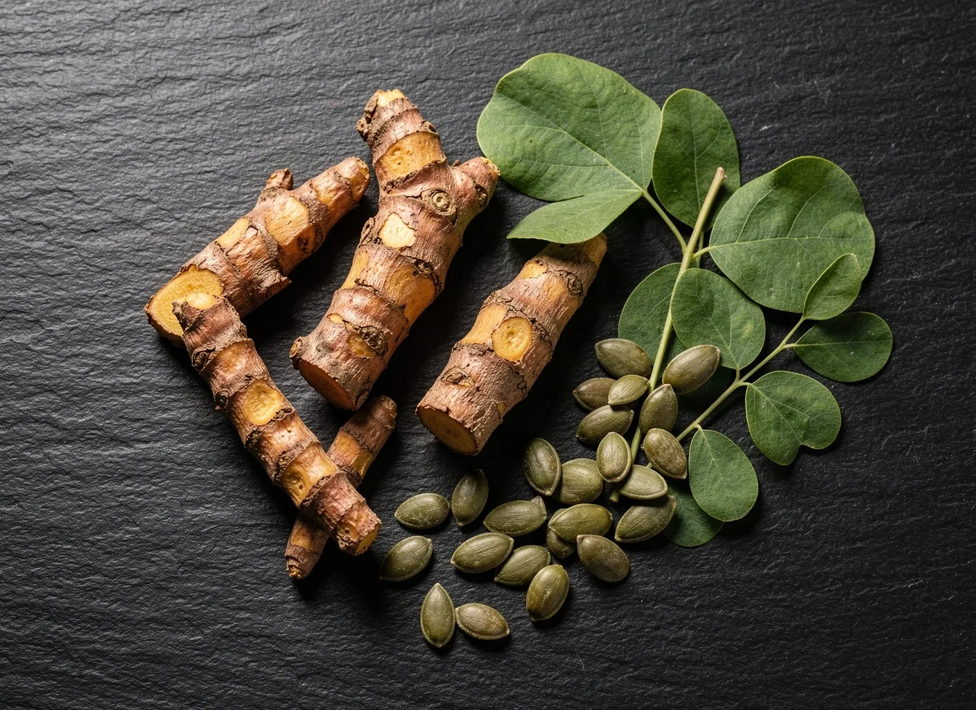 Natural supplement ingredients arranged on a dark surface