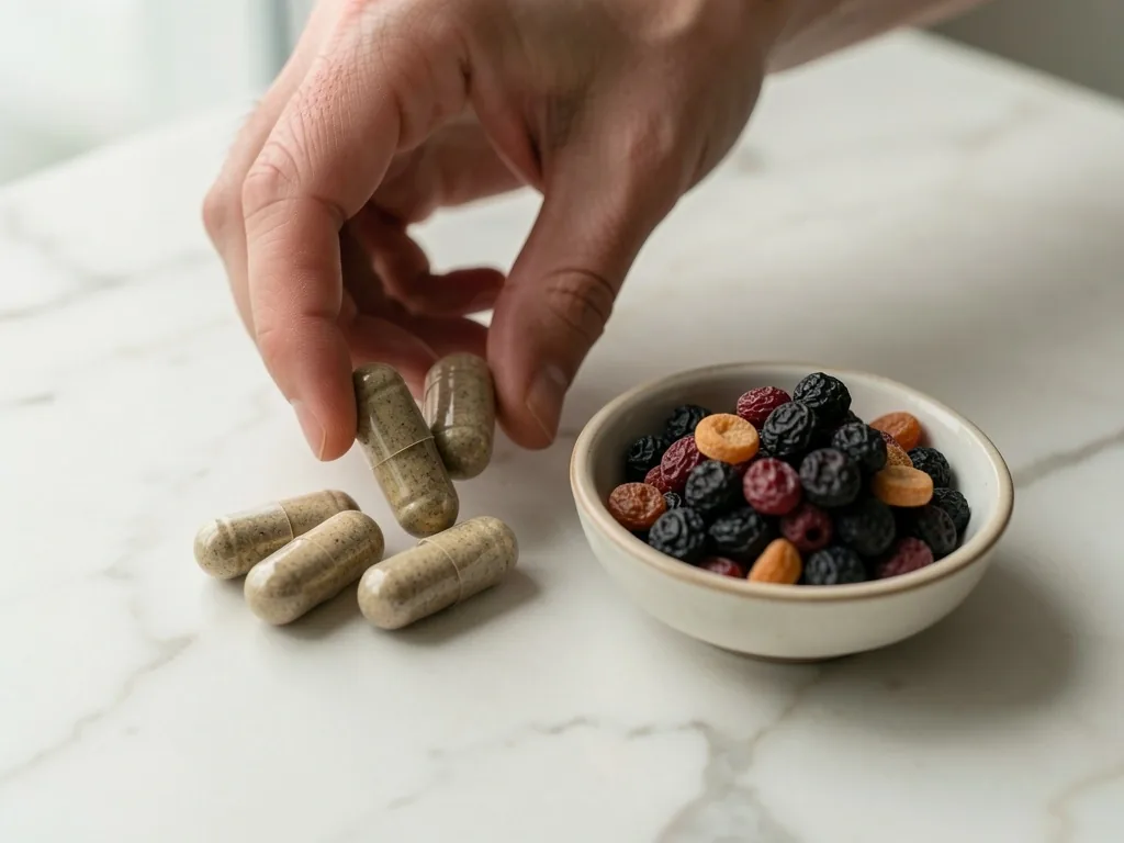 Natural capsules beside vitamin-rich berries on marble
